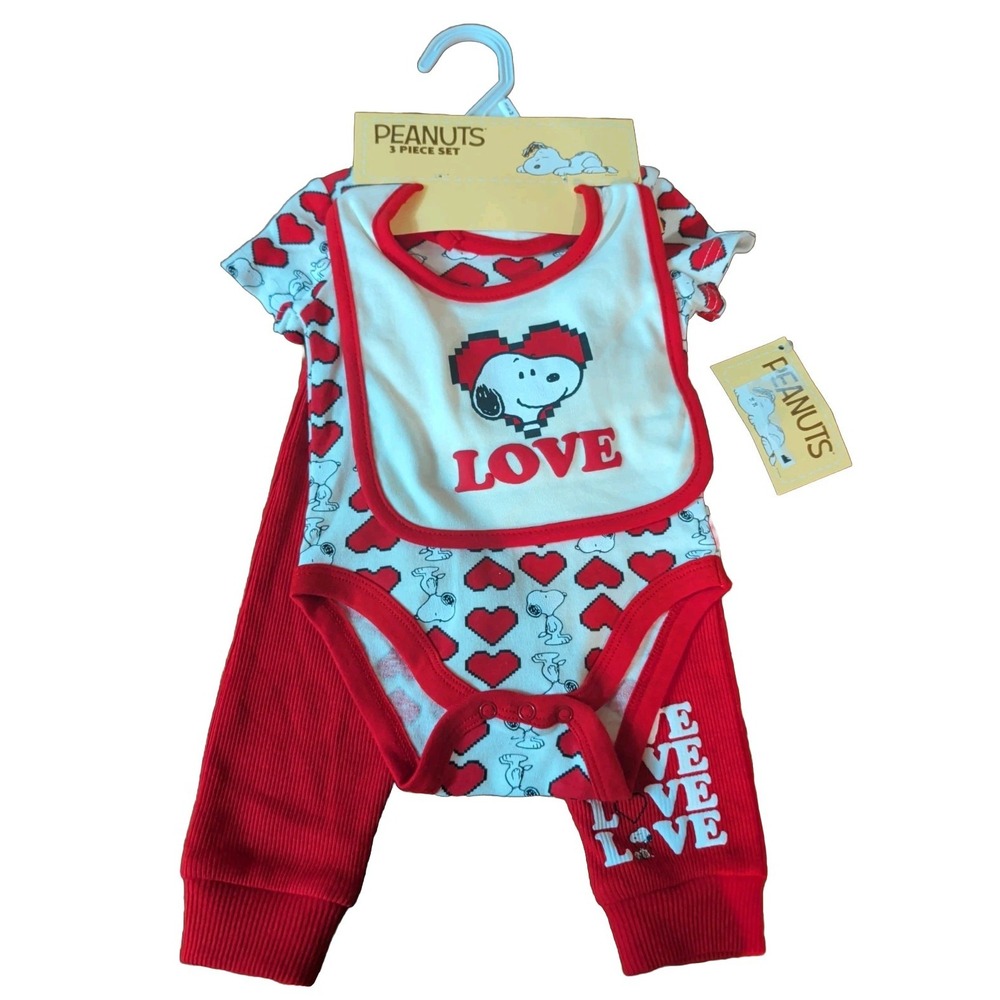 Peanuts Snoopy 3pc Valentine Baby Set Heart Bib Bodysuit Pants Red White